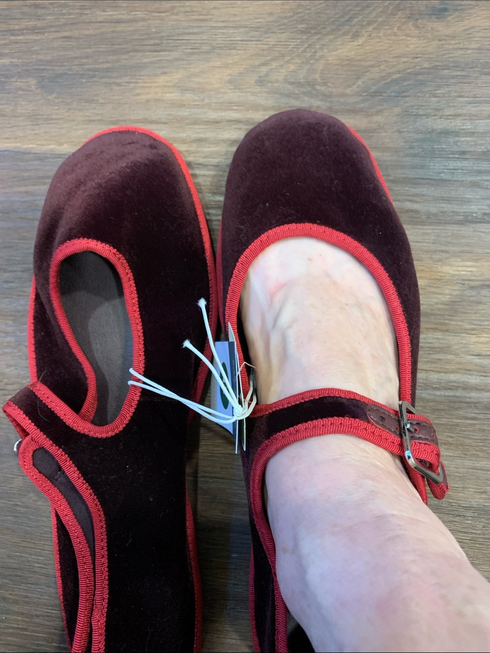 Target Burgundy Velvet Mary Jane Flats with Red Trim balletcore cottagecore